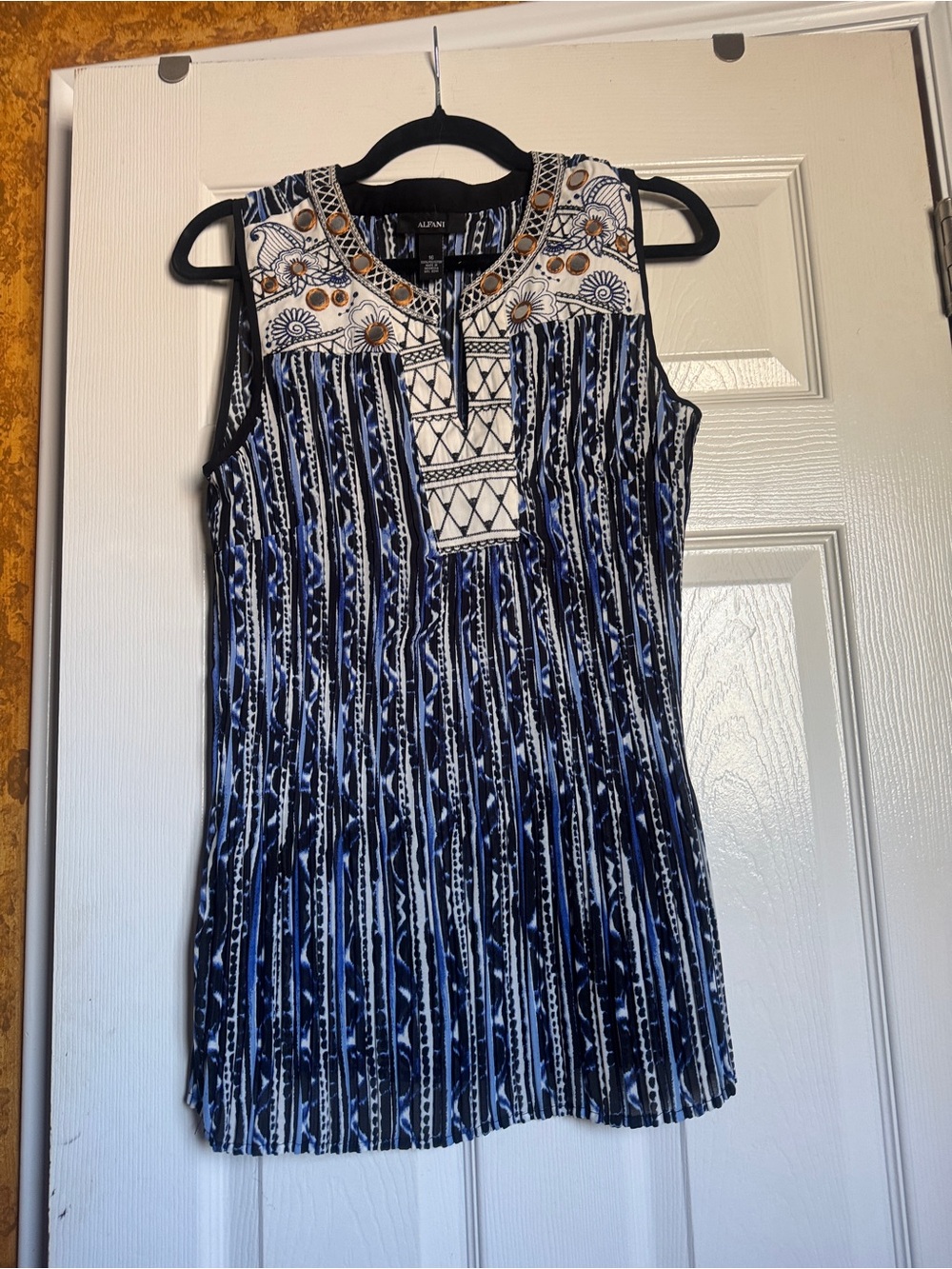 Alfani Navy & White Embroidered Sleeveless Tunic